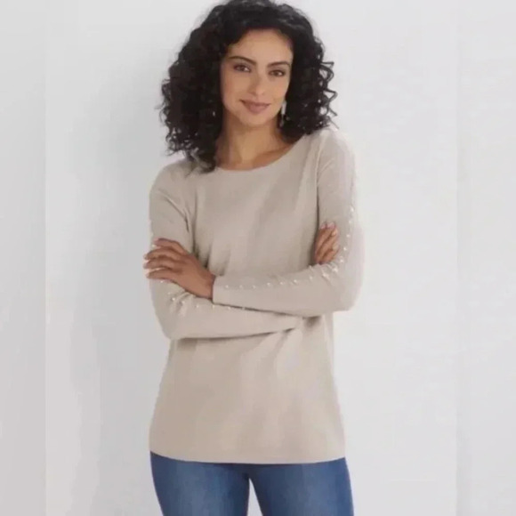 Soft Surroundings Size L Cordillera Sweater with Pearls in Dove Gray NEW! - Picture 1 of 6